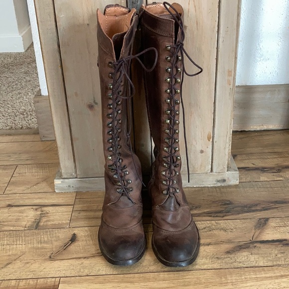 Genuine Leather Lace and Zip Up Knee High Boots - Picture 2 of 8